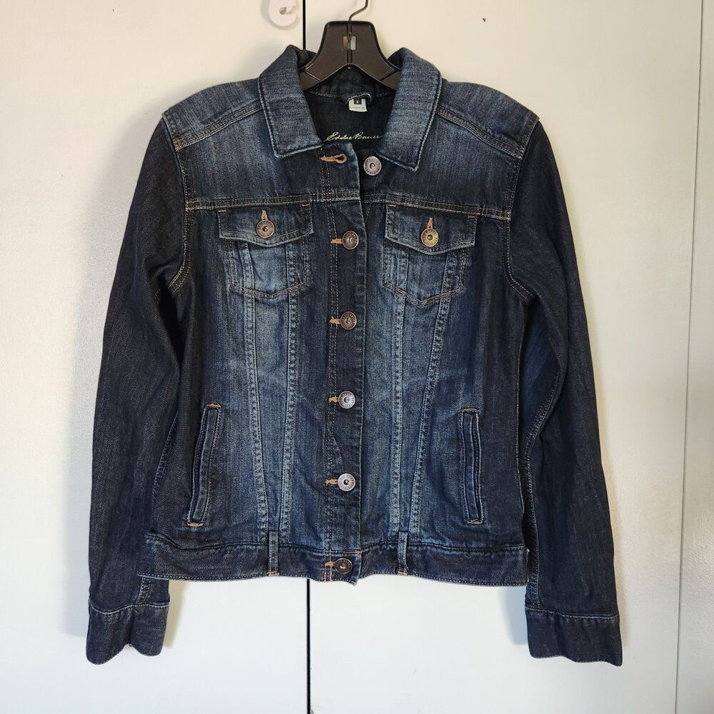 Eddie Bauer Women's Denim Jean Jacket Size S Blue Stretch Trucker Button Front